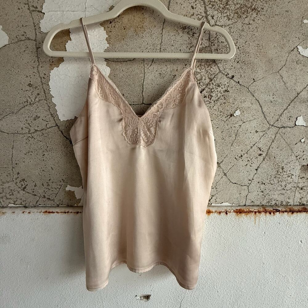 Blush Pink Satin Cami Top Lace Trim Adjustable Straps Lingerie Style Express XS‎